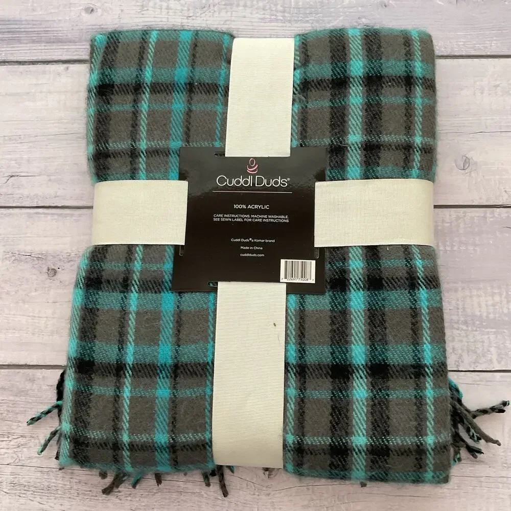 Cuddl Duds Acrylic Blanket Throw Plaid 50 X 60 Blue Gray Comfortably Cozy Fringe